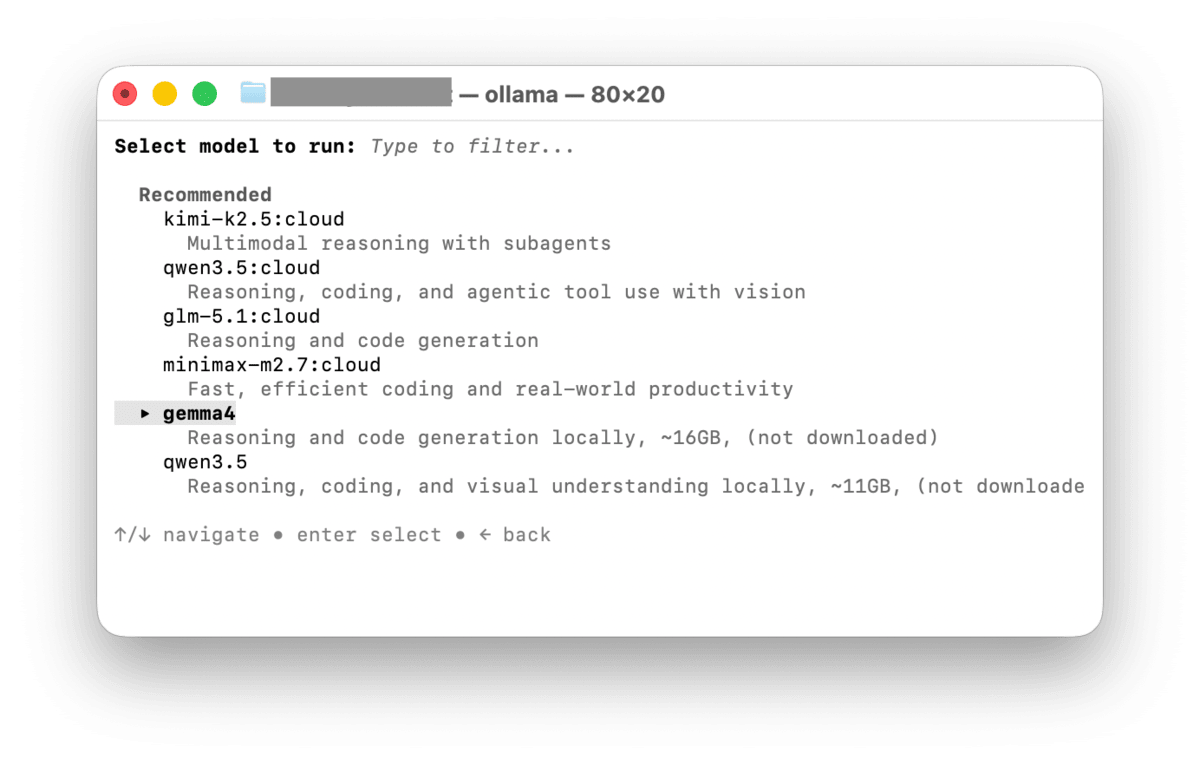 Ollamaのモデル選択画面。gemma4がハイライトされている