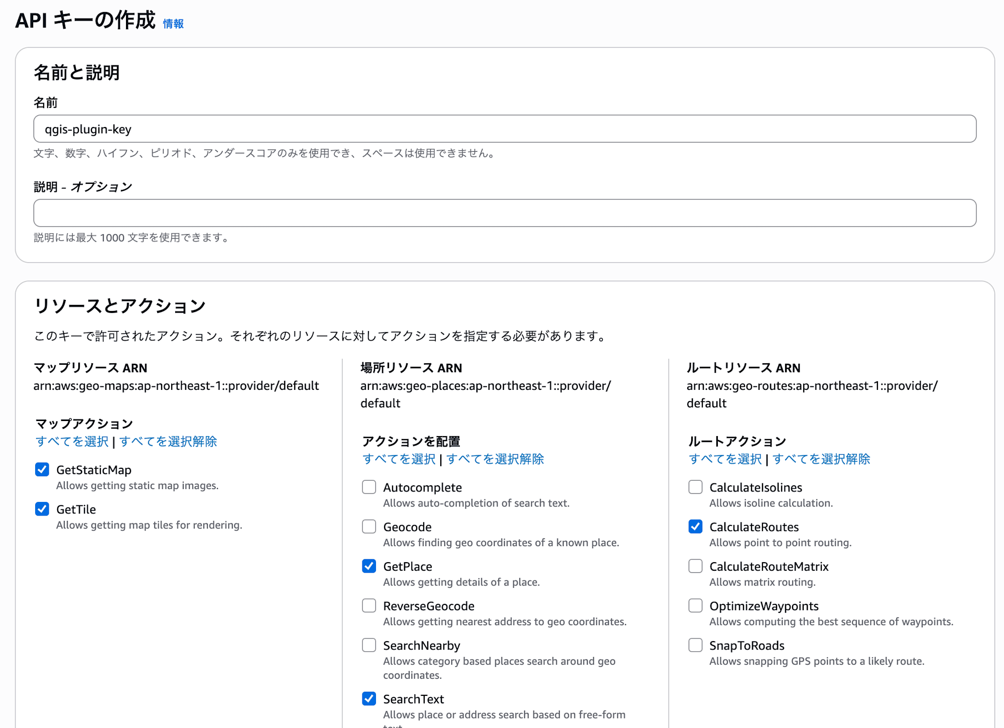 APIキー作成画面（名前とアクションの設定）