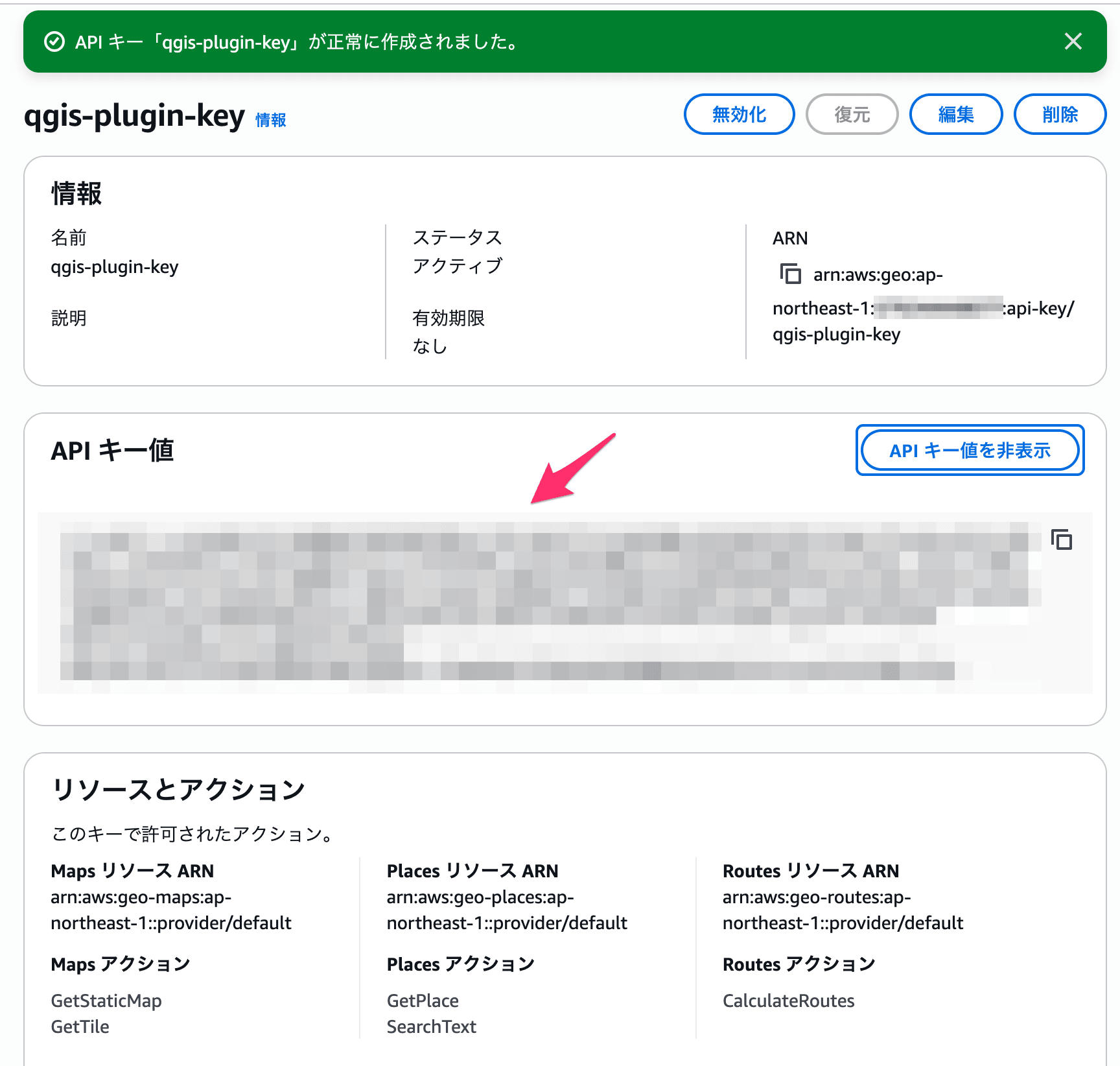 APIキー作成完了画面（キー値のコピー）