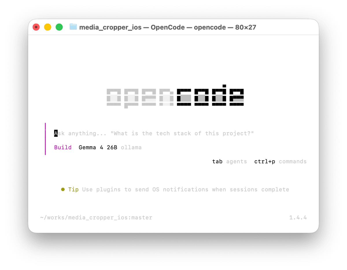 OpenCodeの起動画面。ロゴとプロンプト入力欄が表示されている