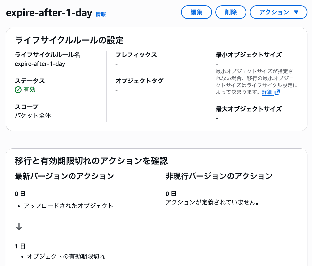 1日後にオブジェクトを期限切れにするライフサイクルルール