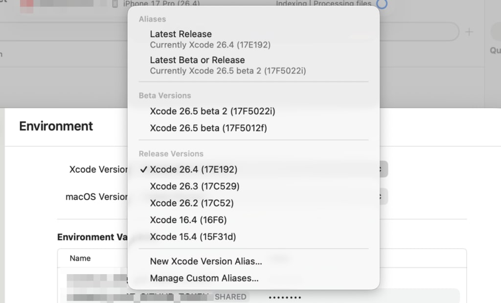 Xcode Version の選択肢に Xcode 26.1.1 が存在しないことを示すスクリーンショット