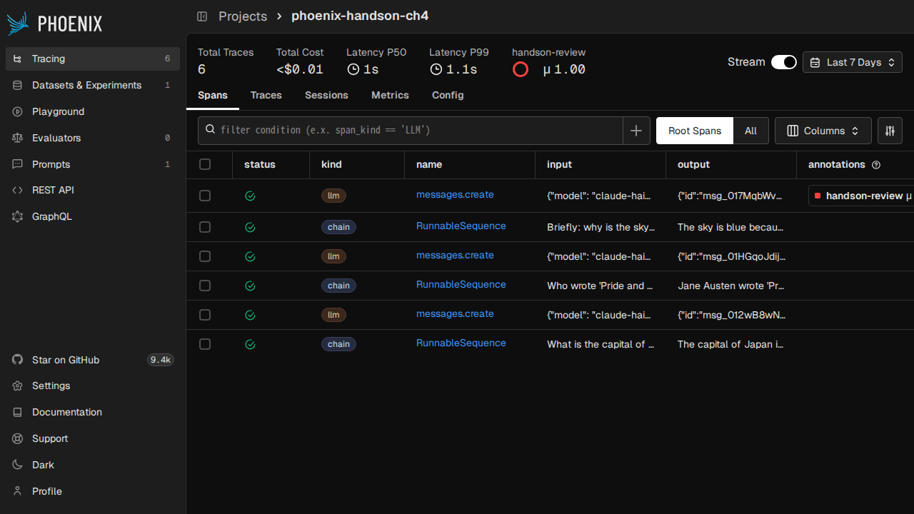 phoenix-handson-ch4 のスパン一覧（CHAIN と LLM が混在）