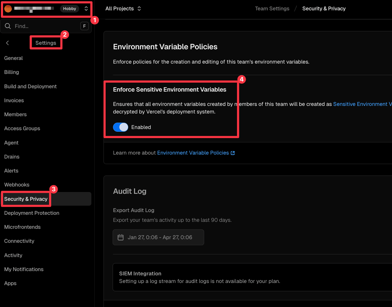 Enforce Sensitive Environment Variablesのトグル設定画面