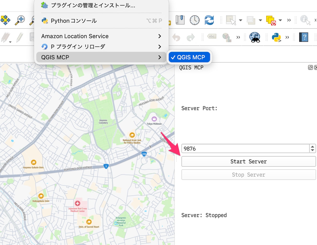 QGIS MCPプラグインのStart Serverを押す