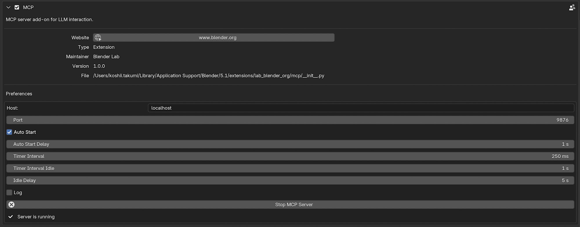 公式アドオンの preferences パネル。Server is running が表示されている