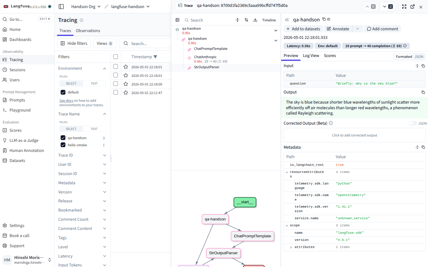 qa-handson trace の詳細（observation ツリー + DAG + token/cost/latency）