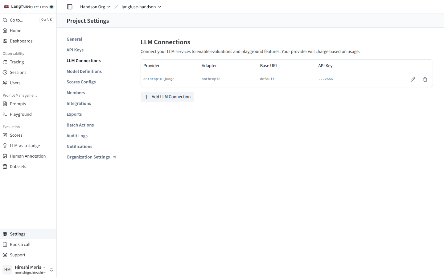 Settings > LLM Connections：anthropic-judge プロバイダが Adapter=anthropic で登録された状態