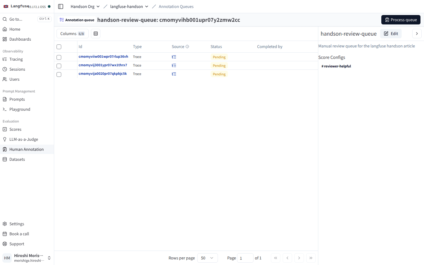 Annotation Queue：handson-review-queue に 3 件の trace が Pending で入っている