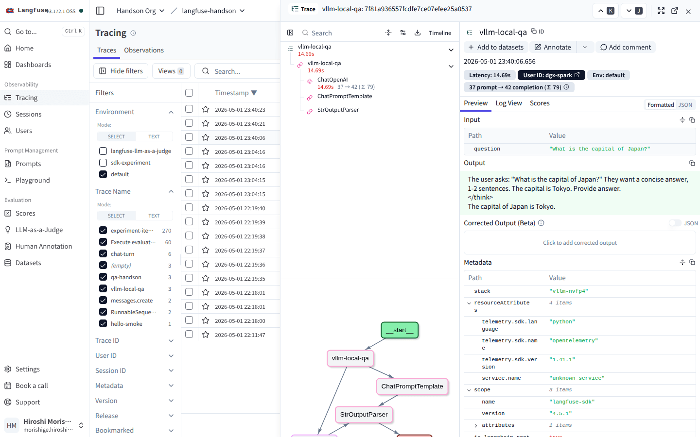 vllm-local-qa trace：ChatOpenAI 14.69s / 37→42 (Σ 79) tokens、reasoning モードの  も output に残る
