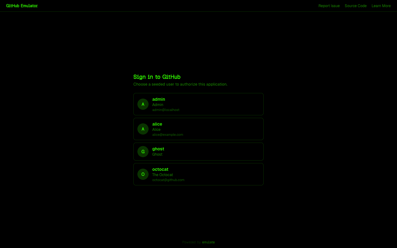 GitHubエミュレータのユーザーピッカー。admin、alice、ghost、octocatの4人が並ぶ