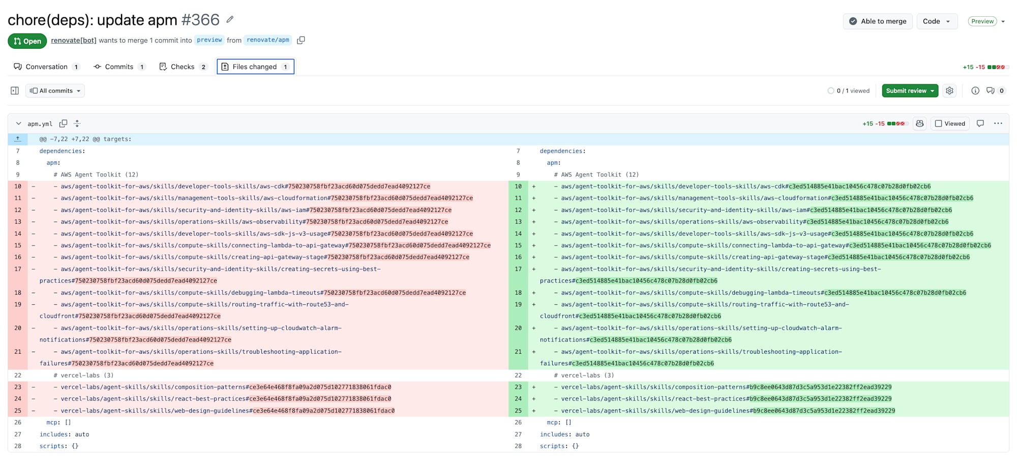 apm.yml の commit SHA だけが置き換わる diff