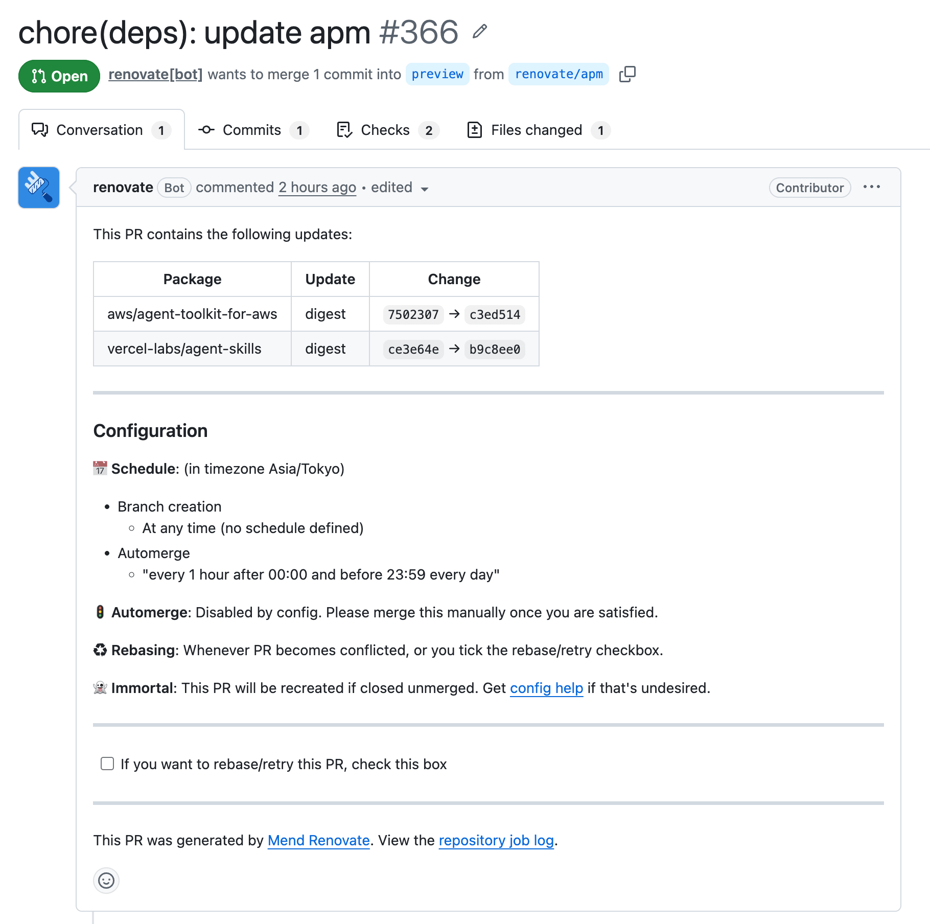 Renovate が apm.yml の依存を digest 更新する PR
