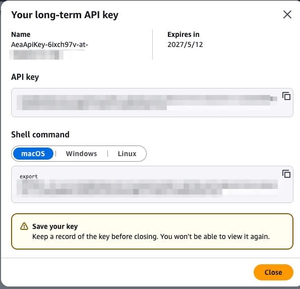 生成されたAPI keyとShell command表示画面（キー値マスク済み）