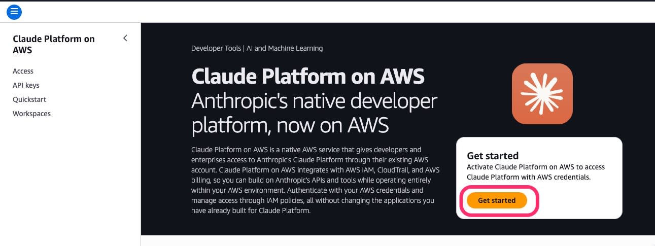 AWSコンソールのClaude Platform on AWS開始画面