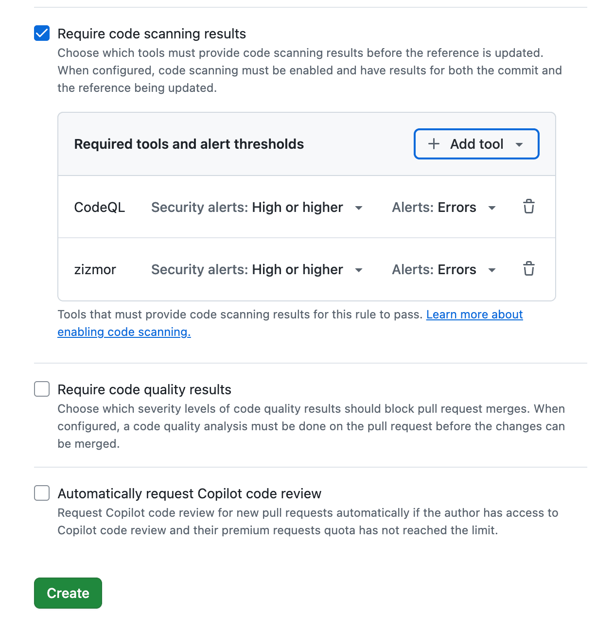Required tools and alert thresholds に CodeQL と zizmor が High or higher / Errors で並んでいる