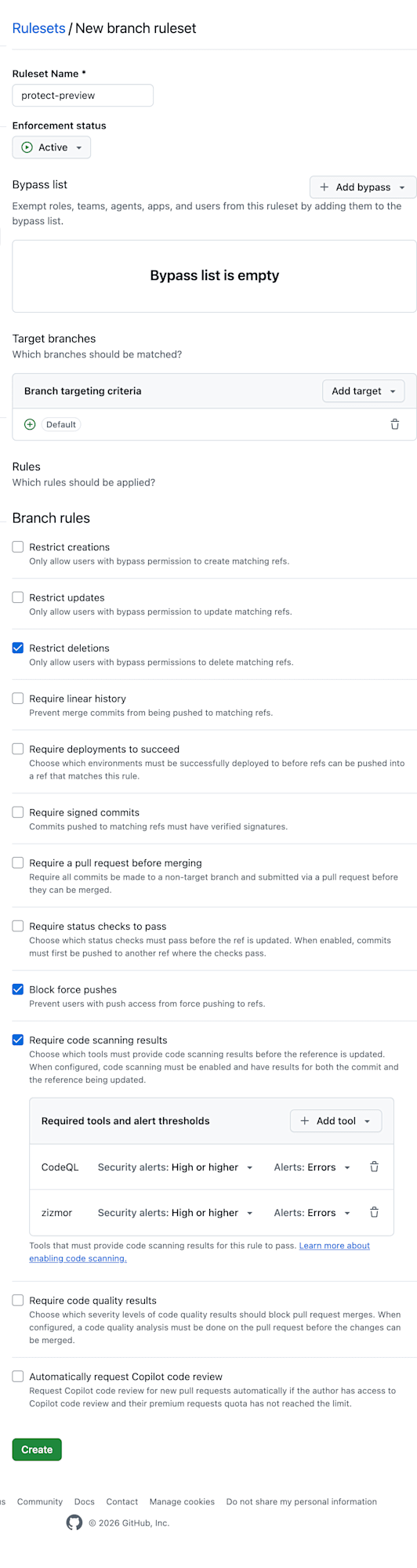 protect-preview ruleset の最終構成: Default ブランチを対象に、Require code scanning results で CodeQL と zizmor をともに High or higher / Errors で必須化