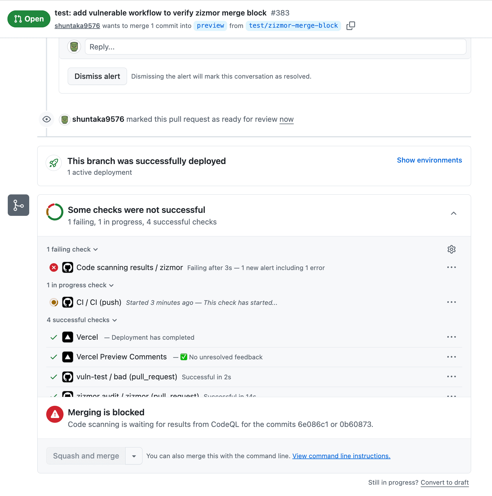 PR の checks 一覧で Code scanning results / zizmor が fail し、Merging is blocked が表示される