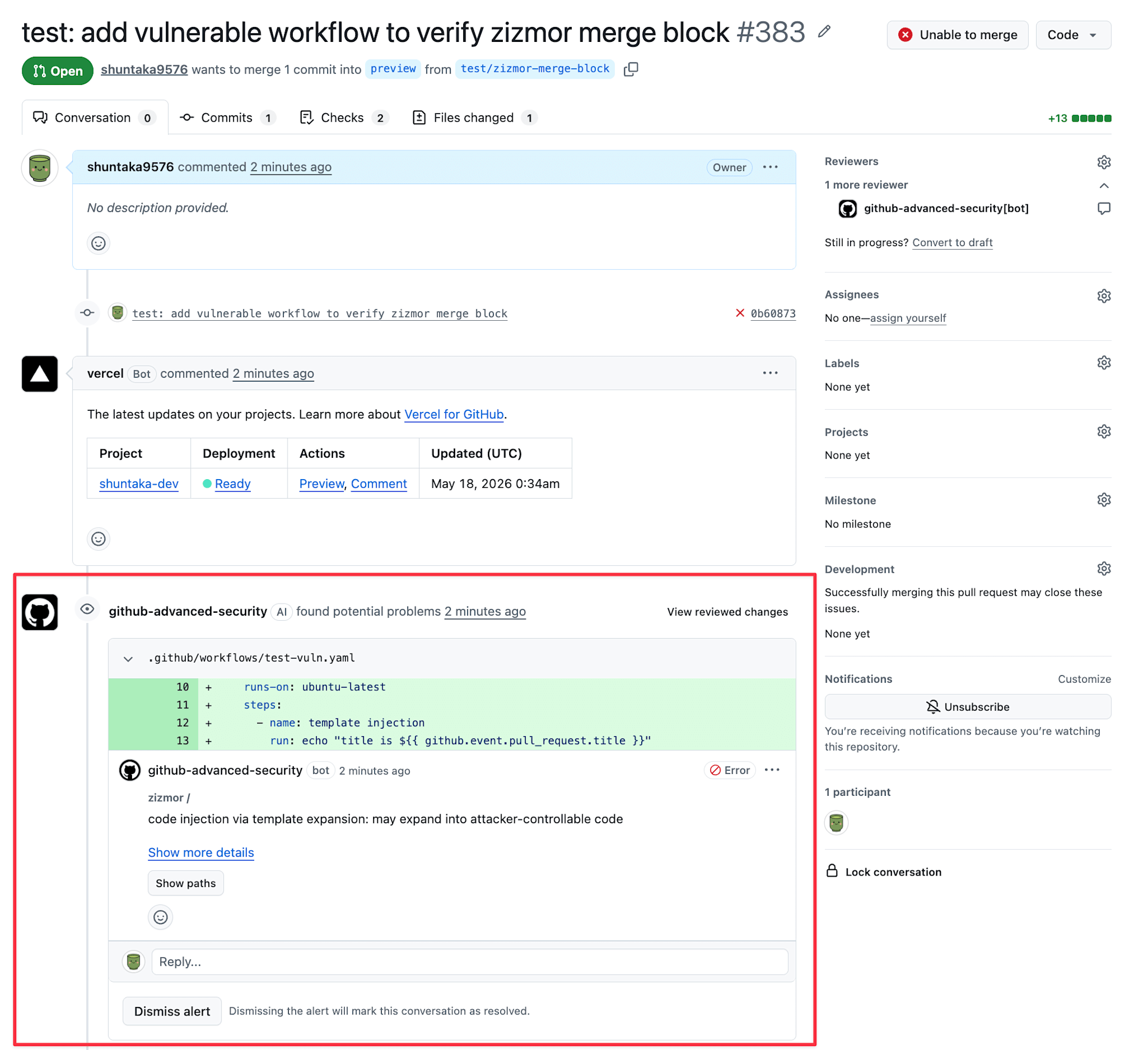 github-advanced-security[bot] が PR の該当行へインラインで zizmor の finding をコメント