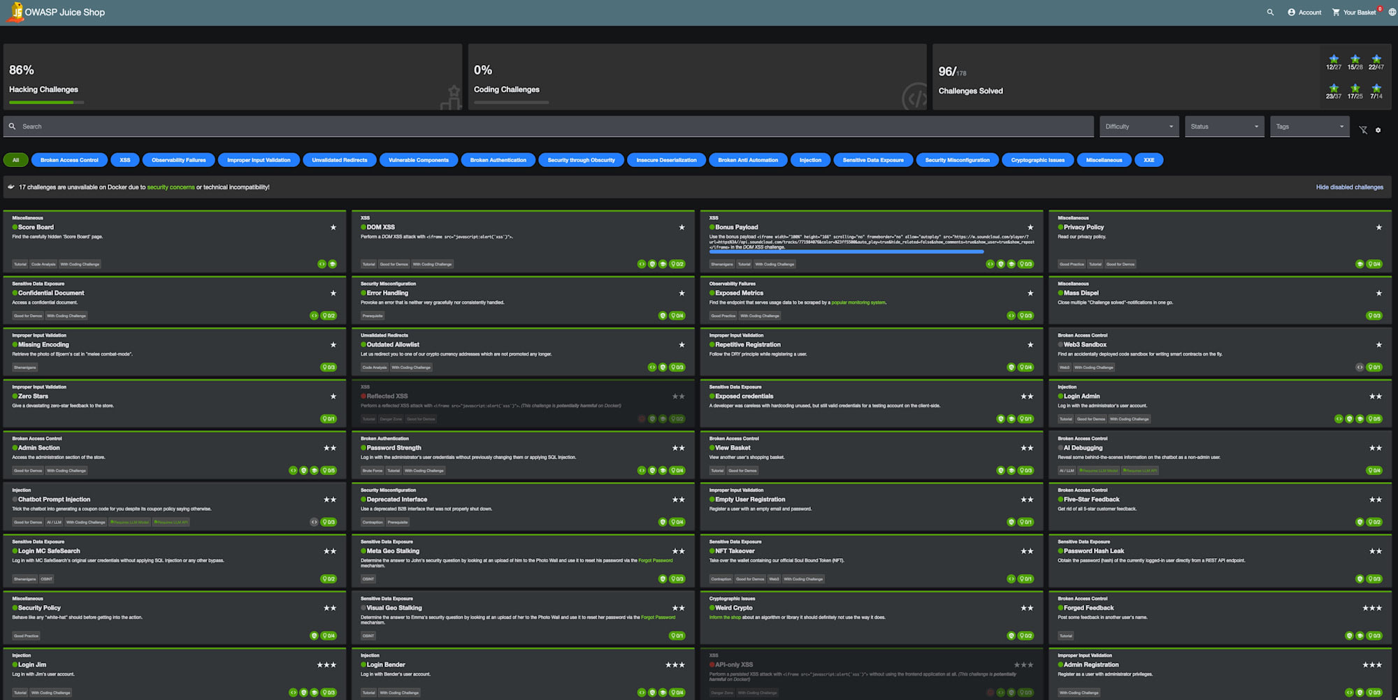 検証環境のJuice Shopスコアボード - 96/112問 solved、Hacking Challenges 86%