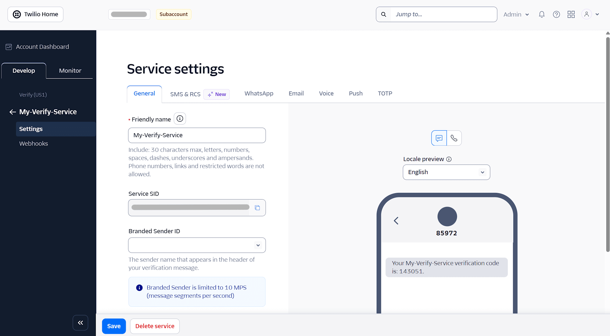 Service settingsの画面