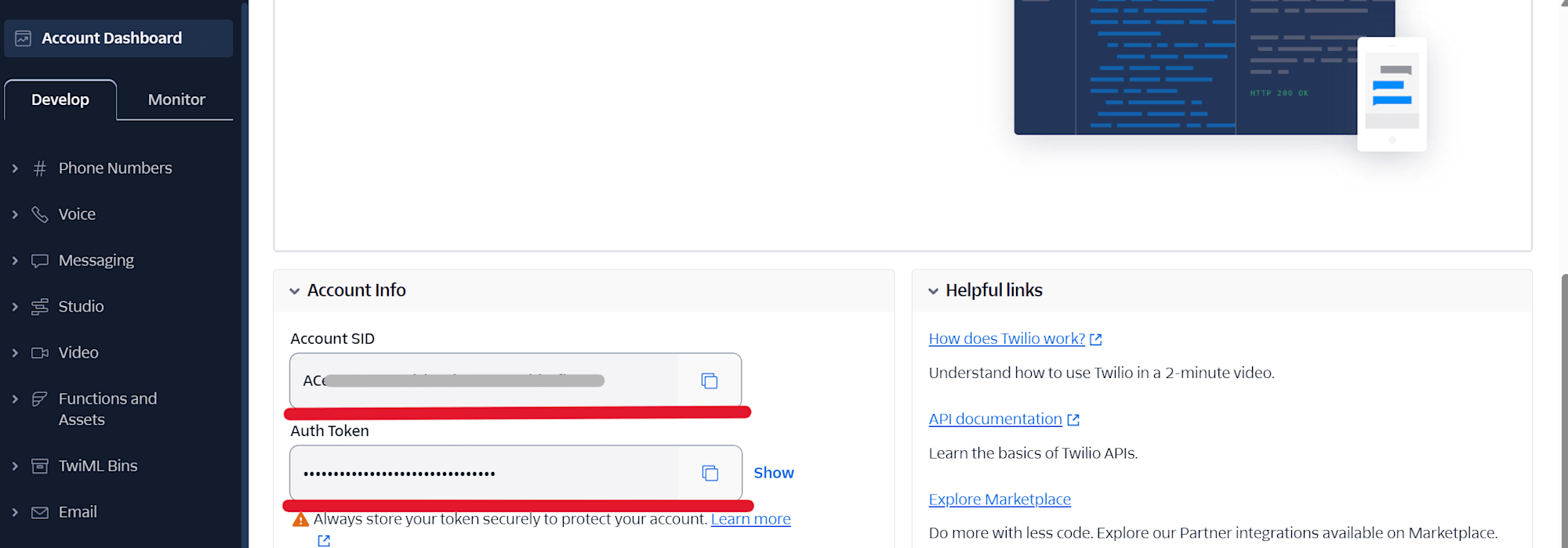 コンソールのAccount SIDとAuth Token