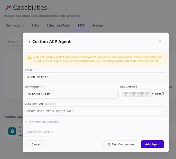 Custom ACP Agent としてSSH経由のリモートKiroを登録