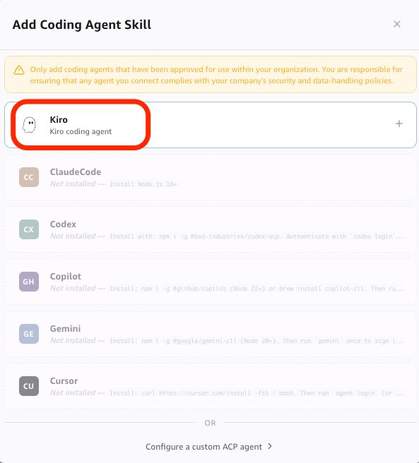 Add Coding Agent Skill ダイアログ。Kiro がプリセットとして表示される