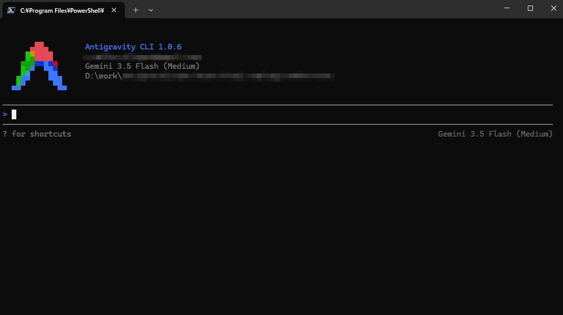 Antigravity CLI 1.0.6 のトップ画面