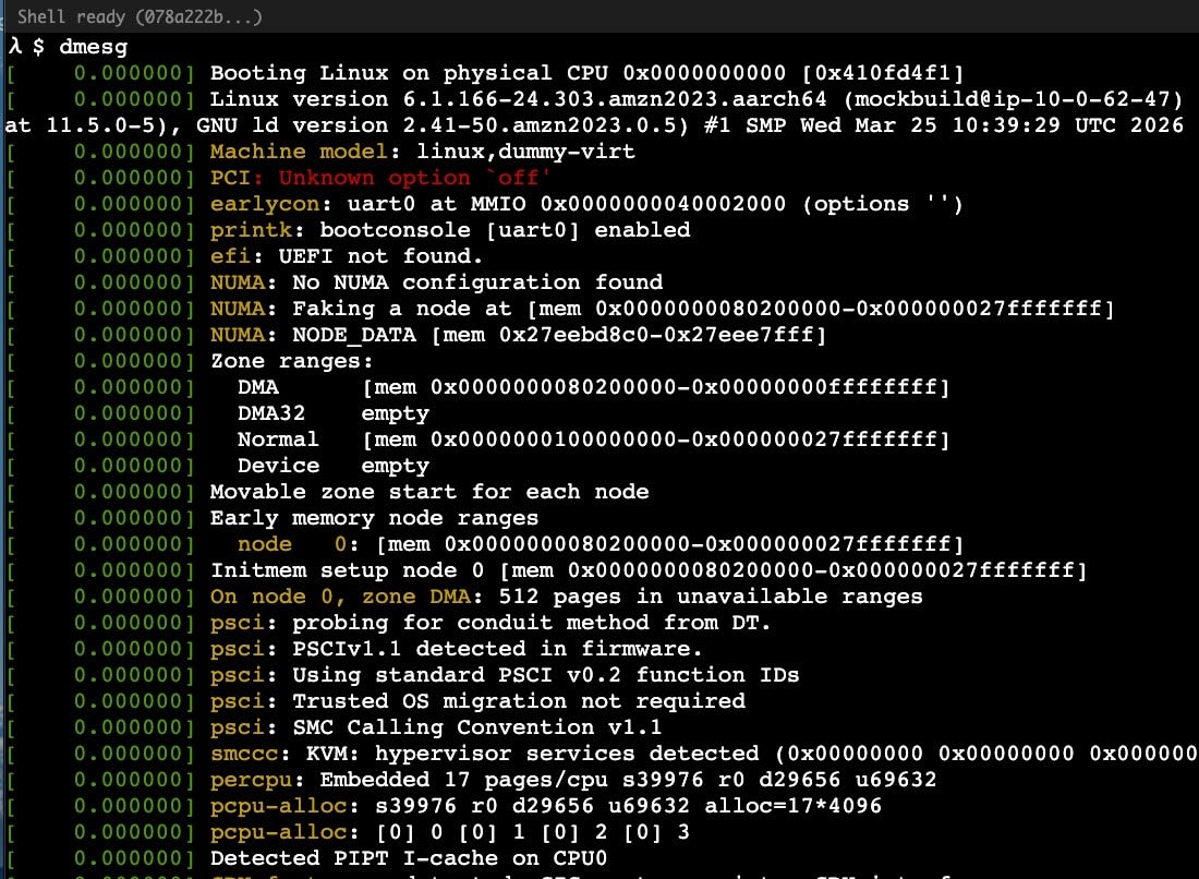 WebShellでdmesgを実行した画面