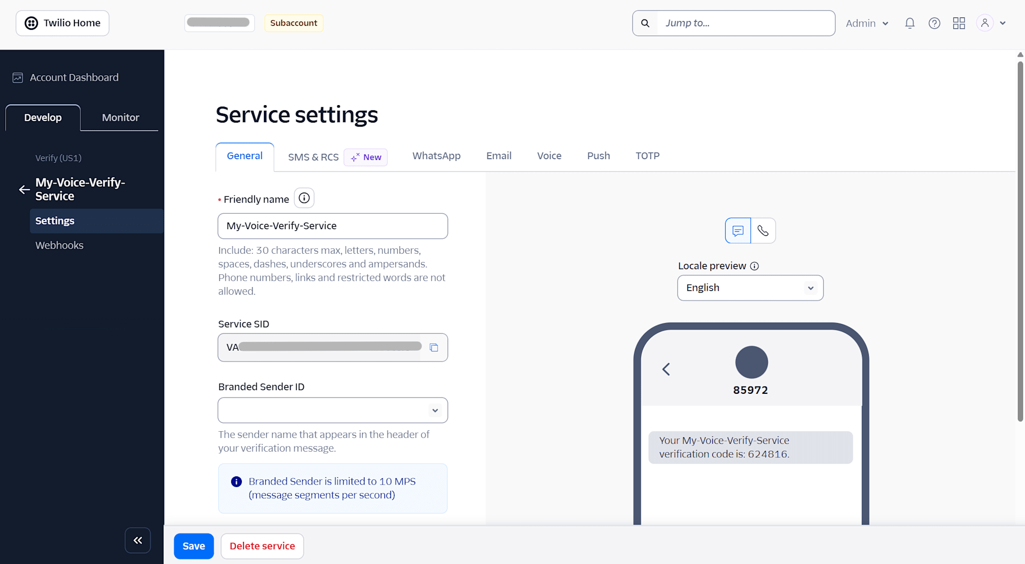 Service settings画面（Service SIDが表示されている状態）