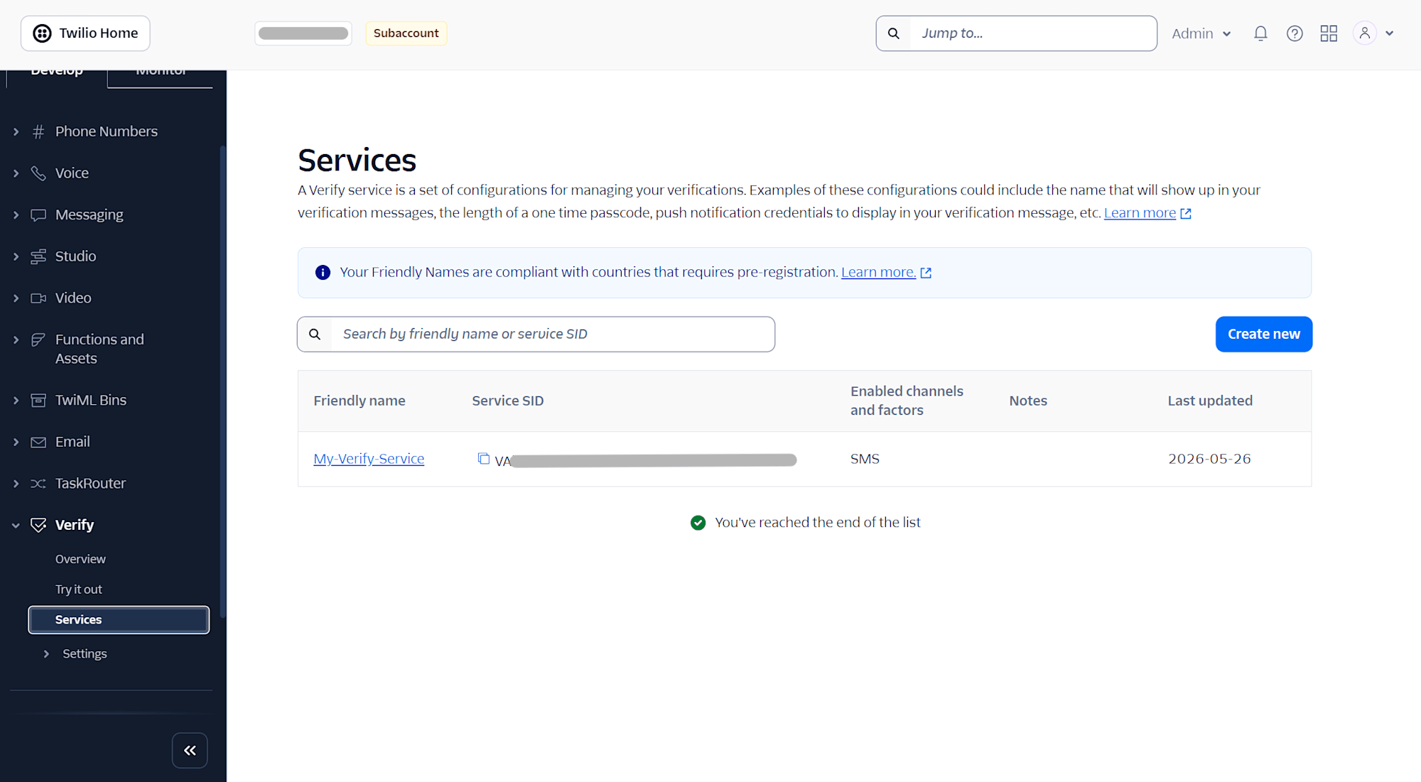 Services 画面（Create Newボタン）