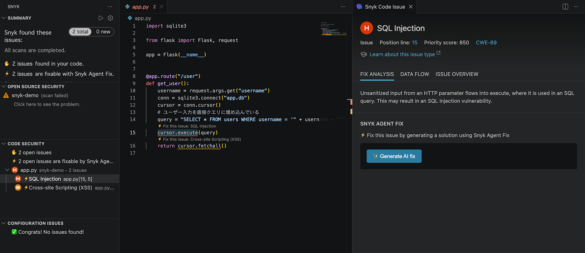 Snyk Code Issueの詳細ビュー。CWE-89・優先度スコア850と、Snyk Agent Fixの「Generate AI fix」ボタンが表示されている