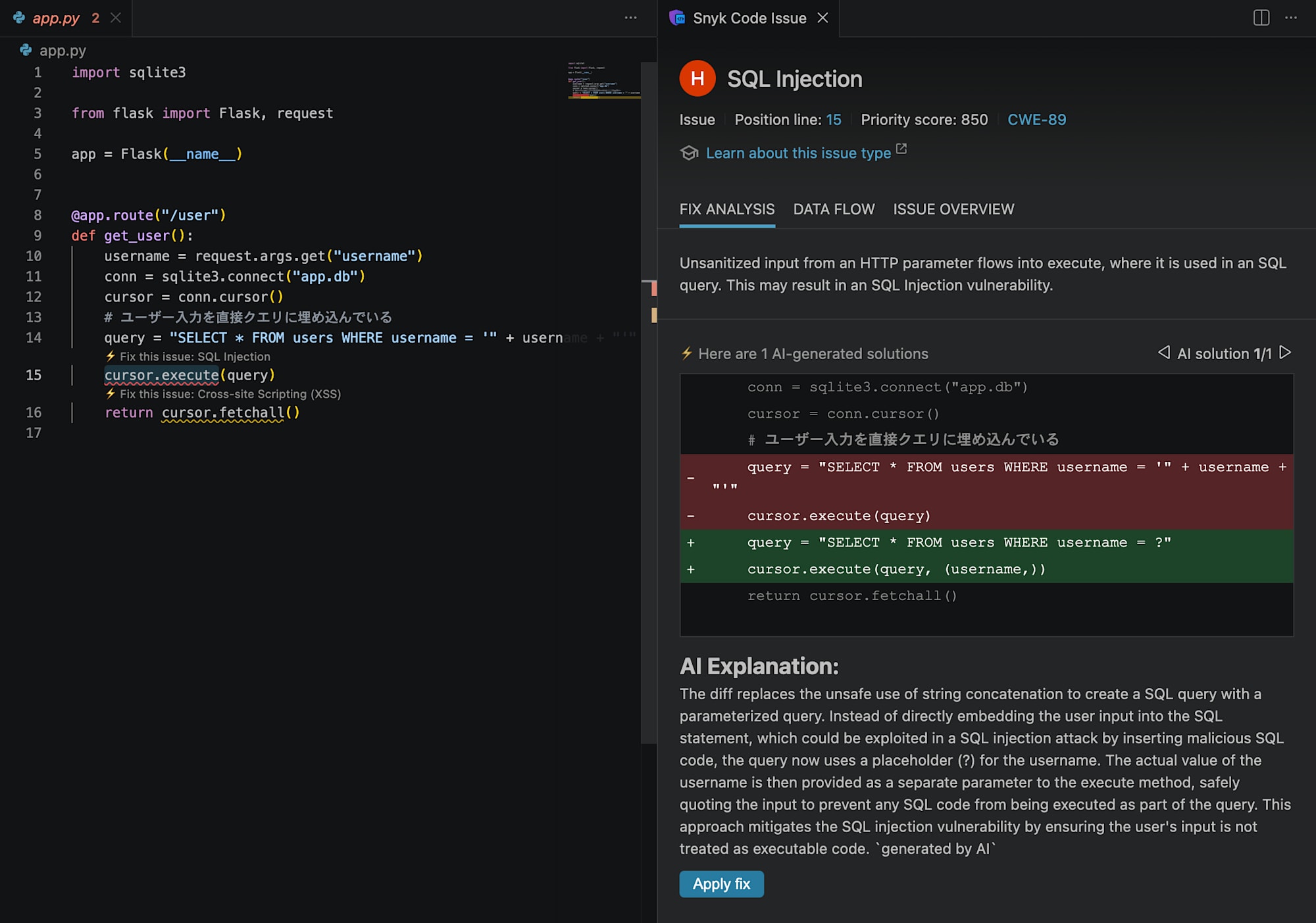 Snyk Agent FixがSQL Injectionの修正案(パラメータ化クエリ)を生成した画面