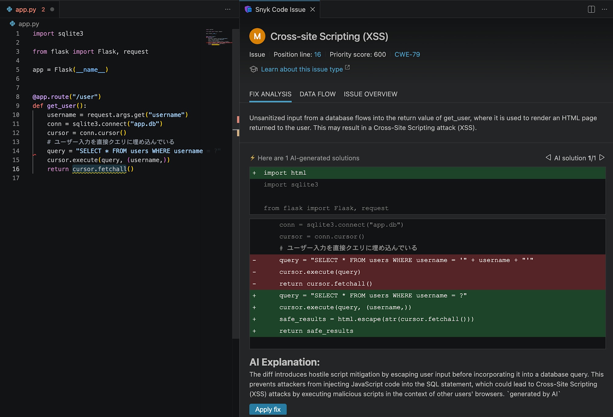 Snyk Agent FixがXSSの修正案(html.escape)を生成した画面
