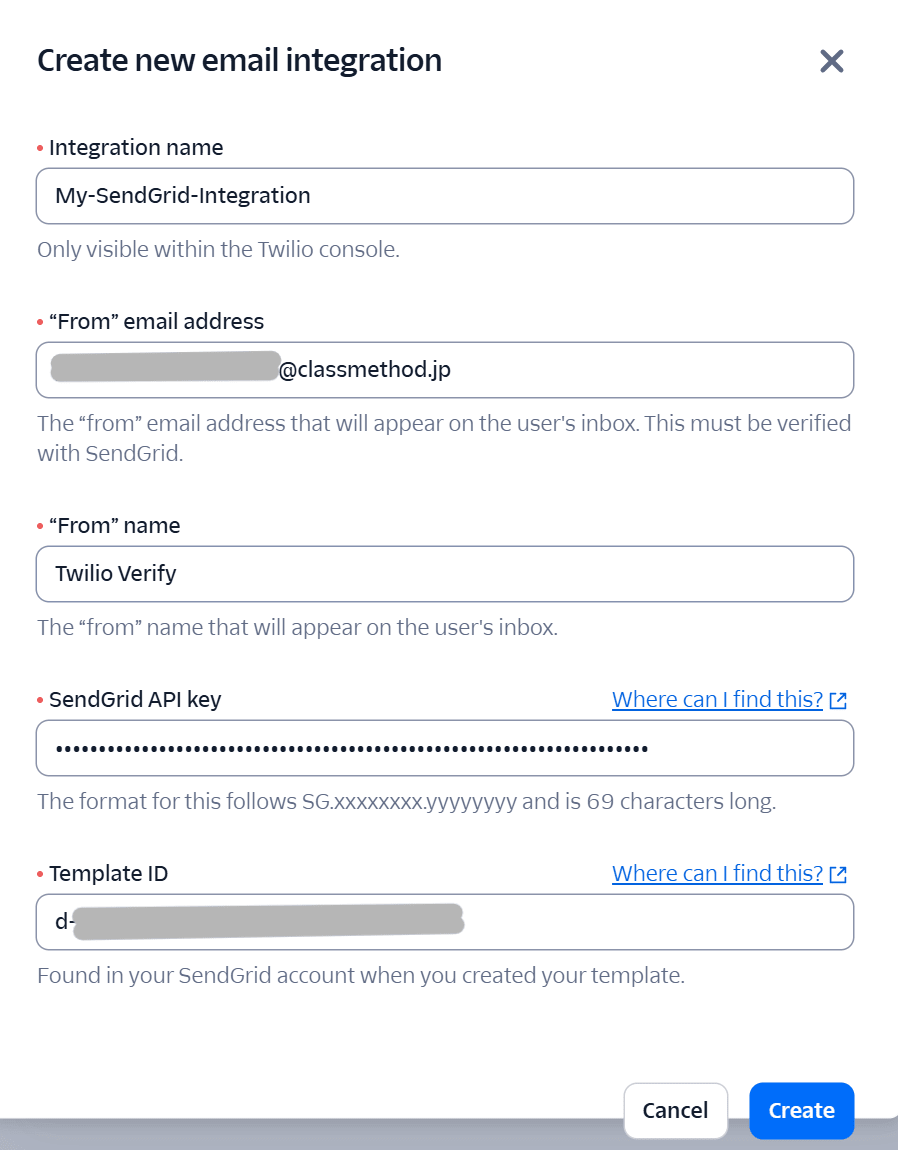 Create new email integrationダイアログに入力した状態
