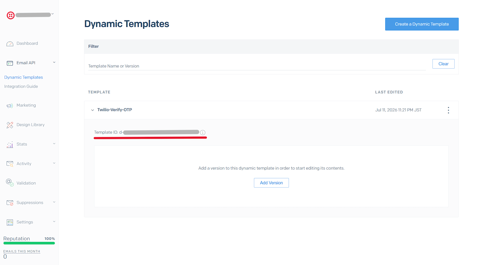 Dynamic TemplatesページにTemplate IDが表示されている状態