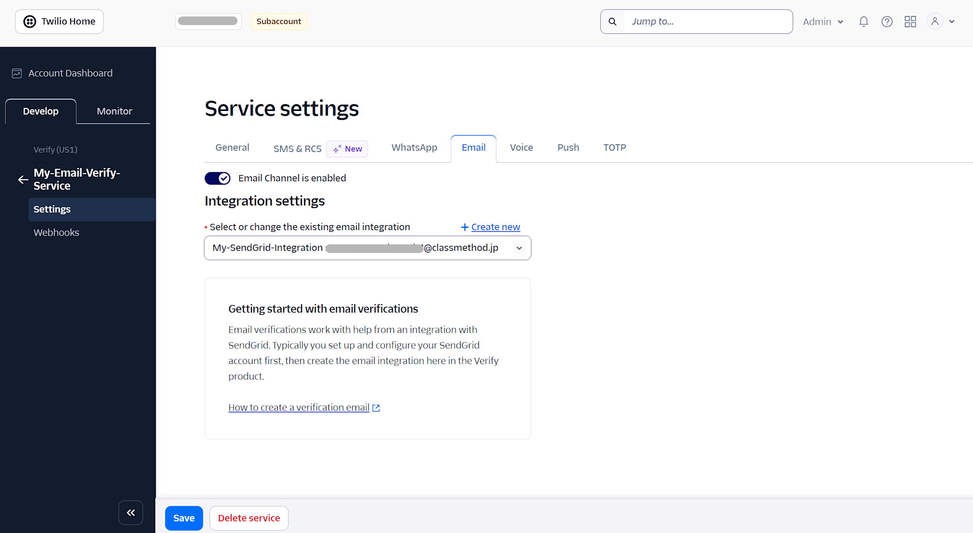 Emailタブ(トグルオン・My-SendGrid-Integration選択済みの状態)