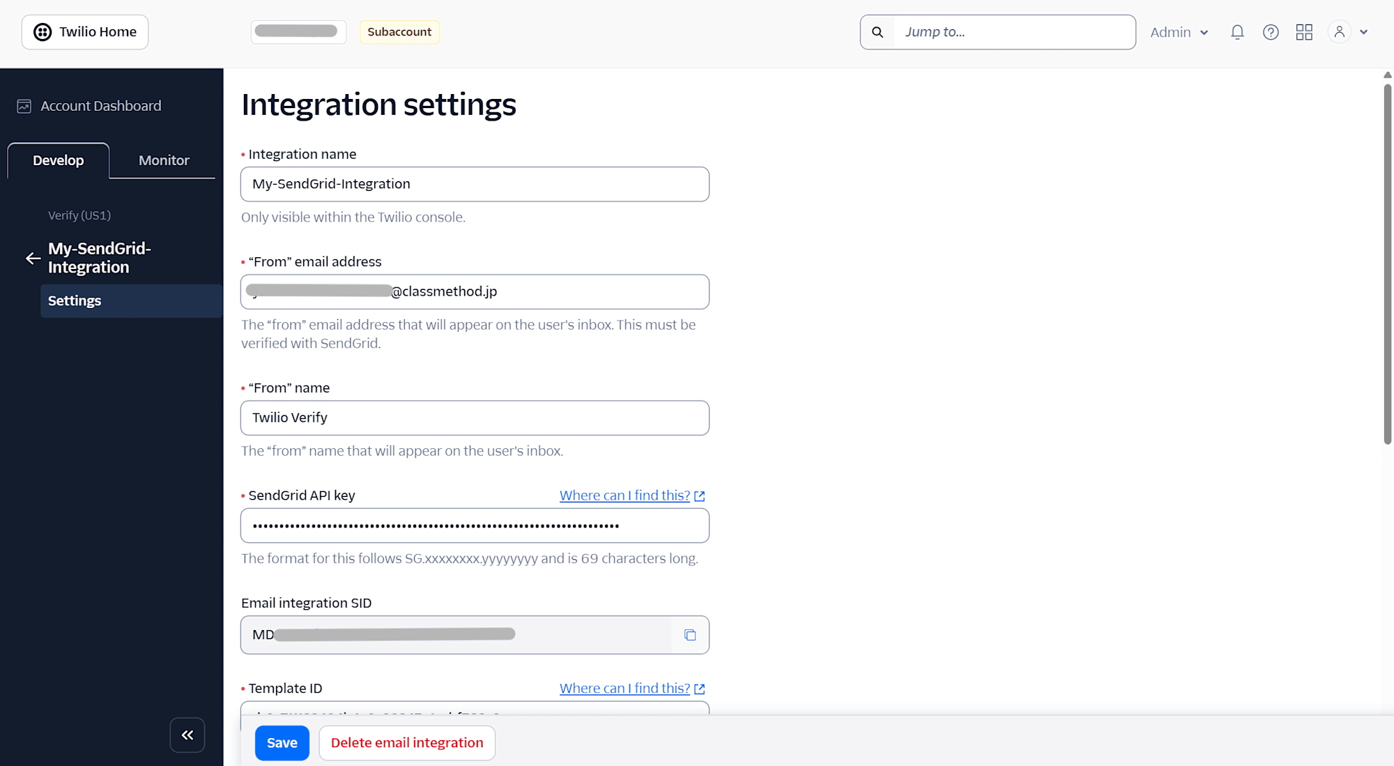 Integration settings画面(Email integration SIDが表示されている状態)