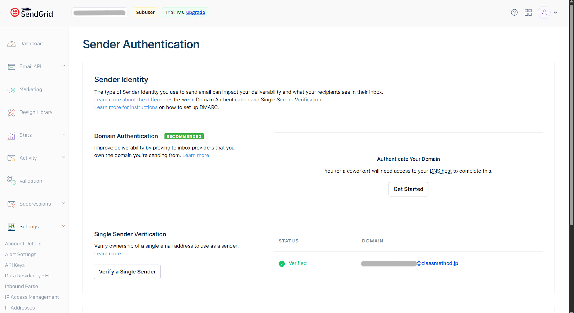 Sender AuthenticationページでVerified状態のアドレスが確認できる状態