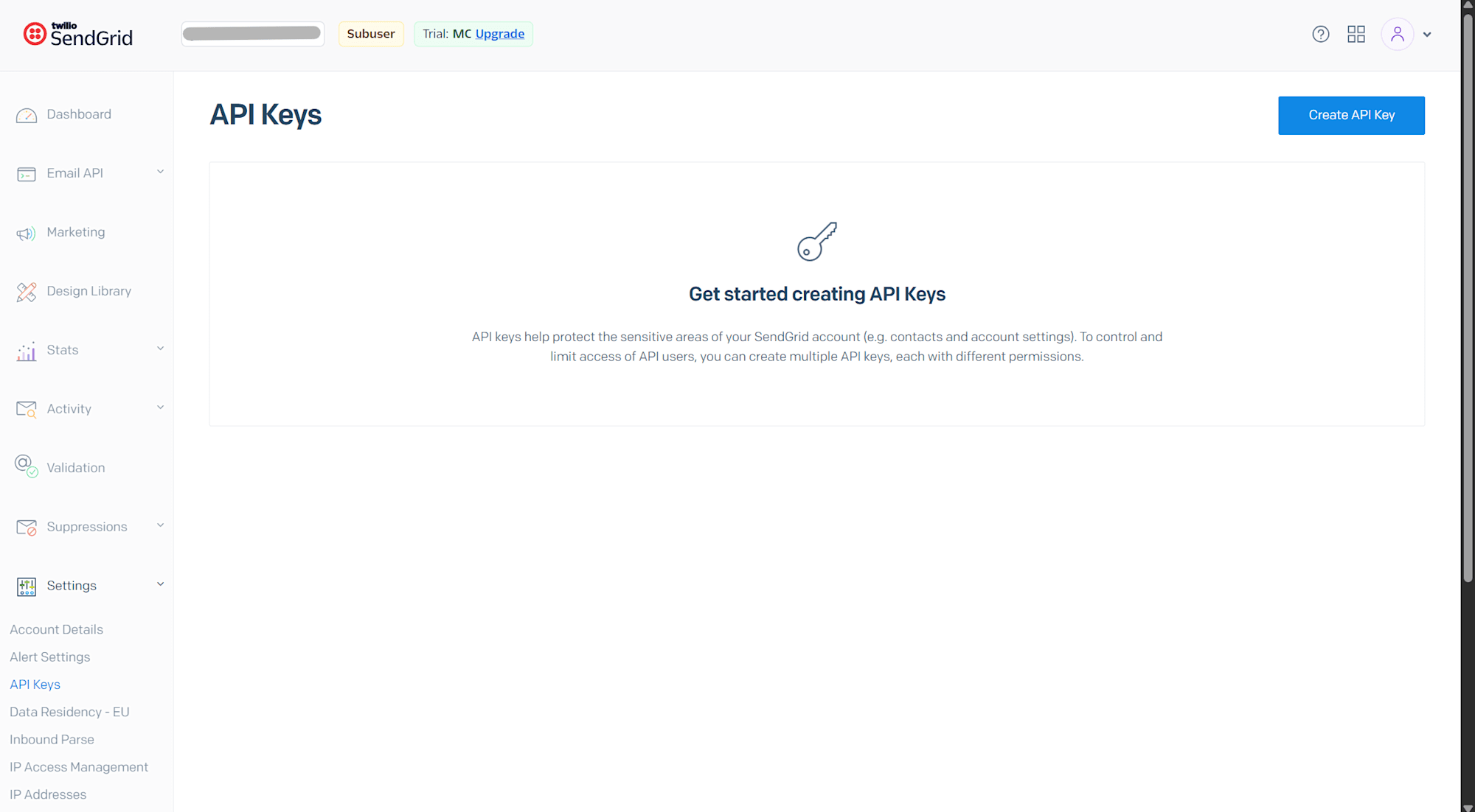 SendGrid API Keys一覧(Create API Keyボタン)