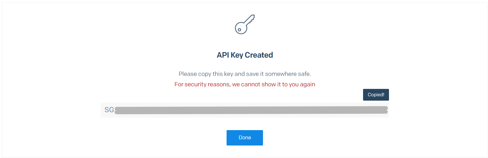 SendGrid APIキーが表示された画面