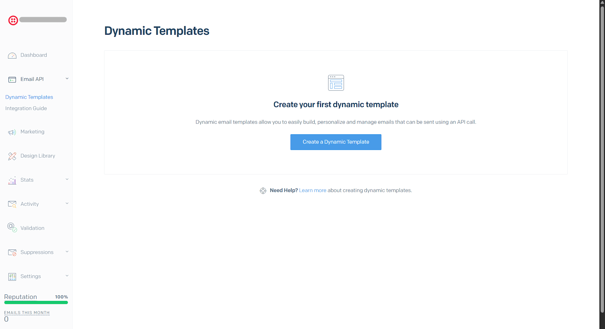 SendGrid Dynamic Templates画面(Create a Dynamic Templateボタン)