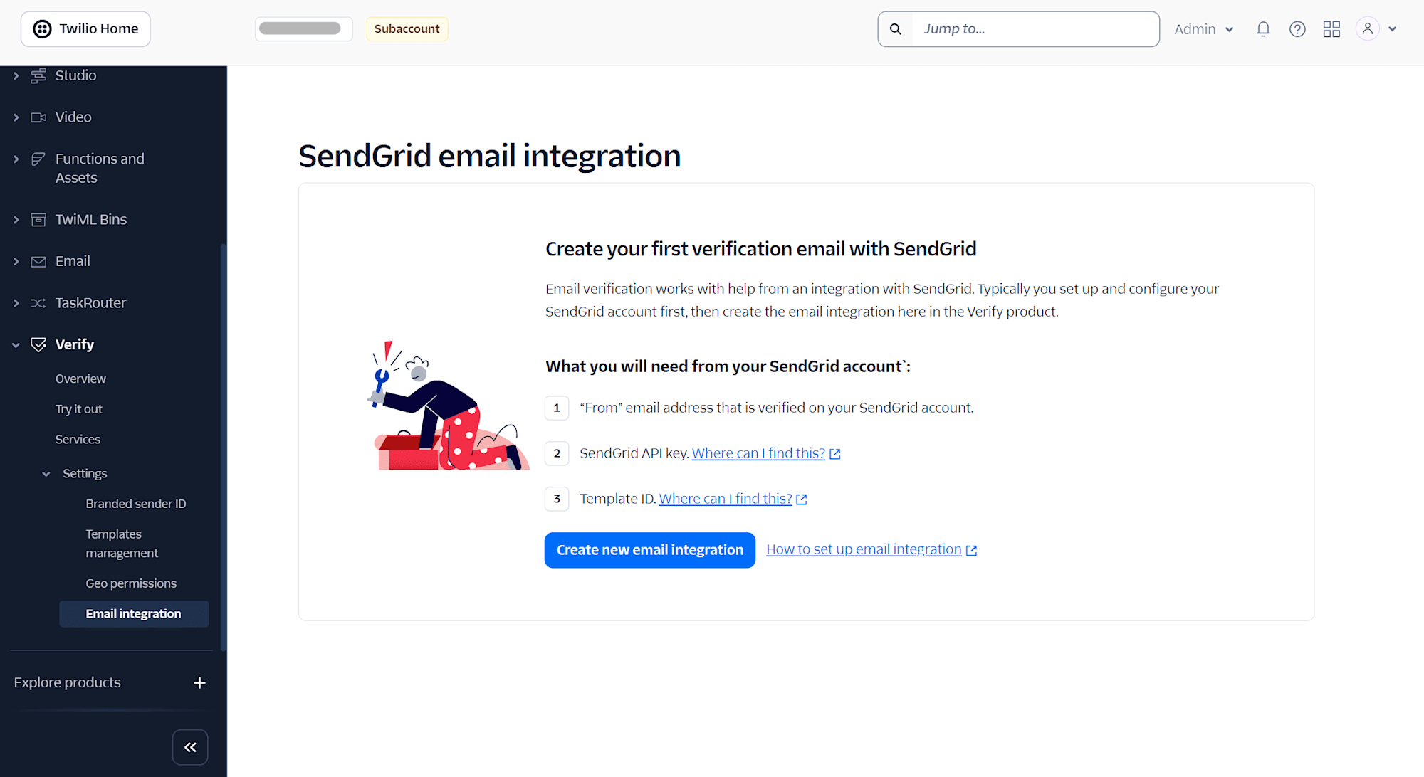 TwilioのSendGrid email integration説明画面