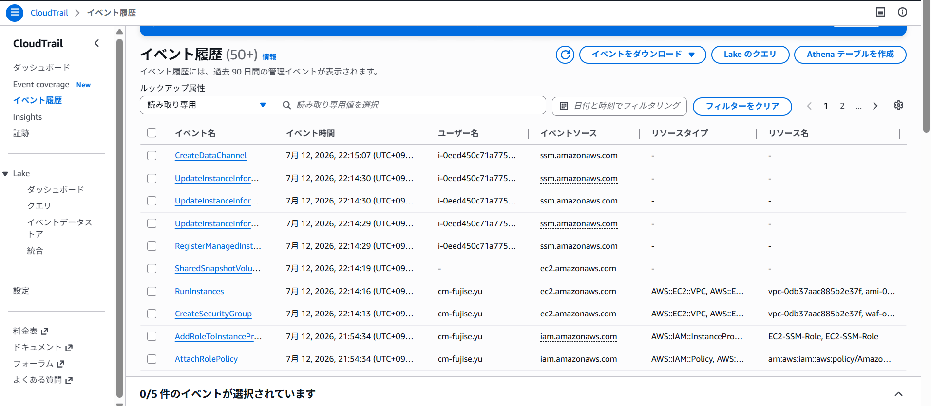 CloudTrailイベント履歴