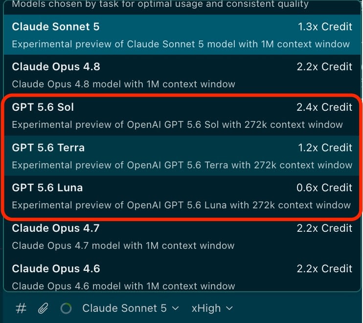 Kiro IDE のモデル選択画面。GPT-5.6 Sol、Terra、Luna が表示されている