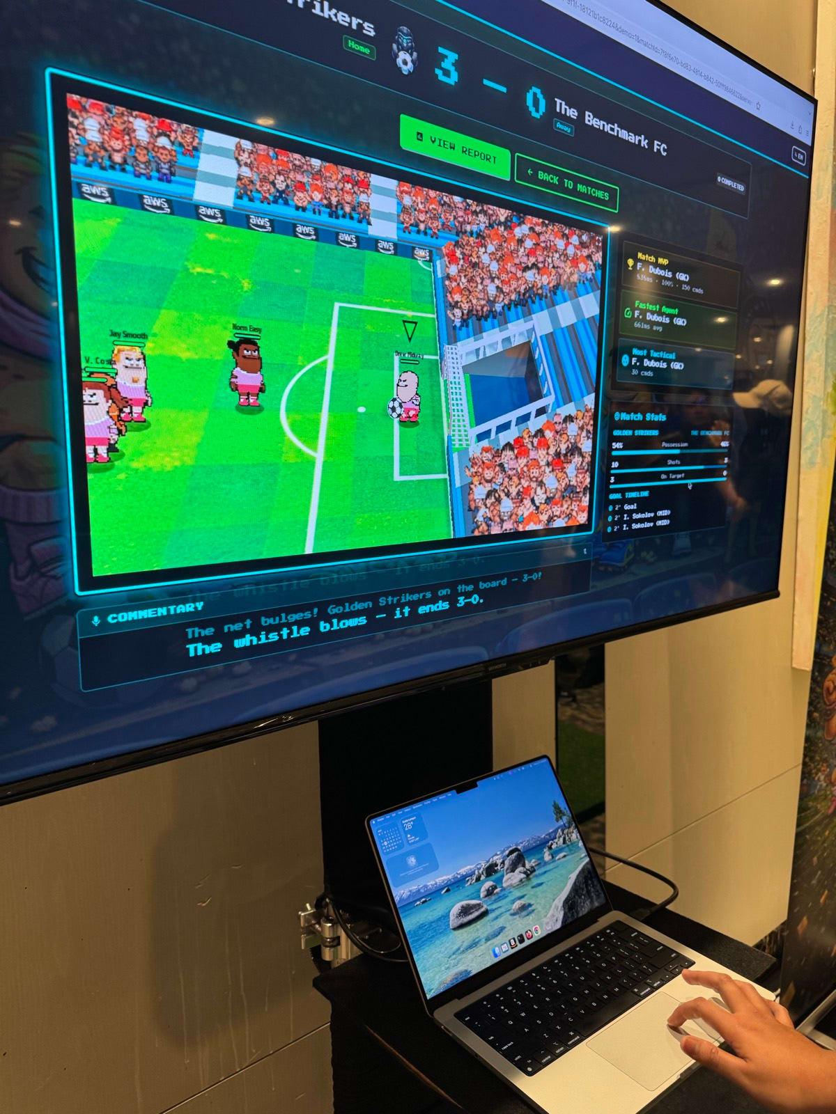 AWS Agentic Football Cup demo showing a match with live agent stats