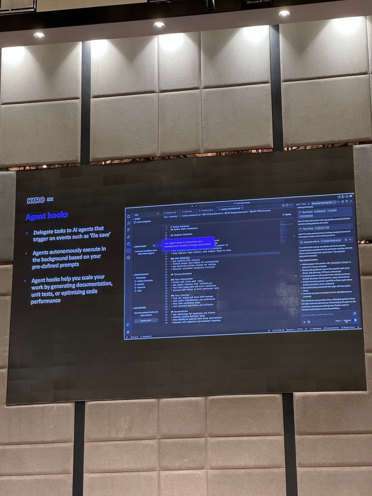 Kiro IDE slide explaining agent hooks