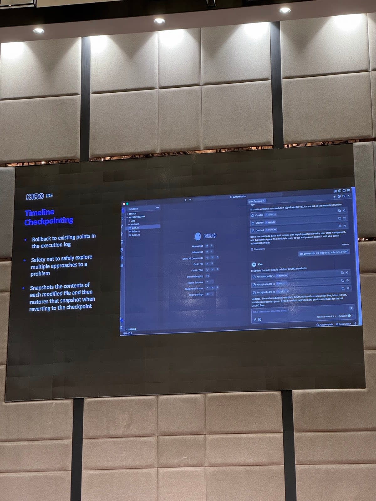 Kiro IDE slide explaining timeline checkpointing