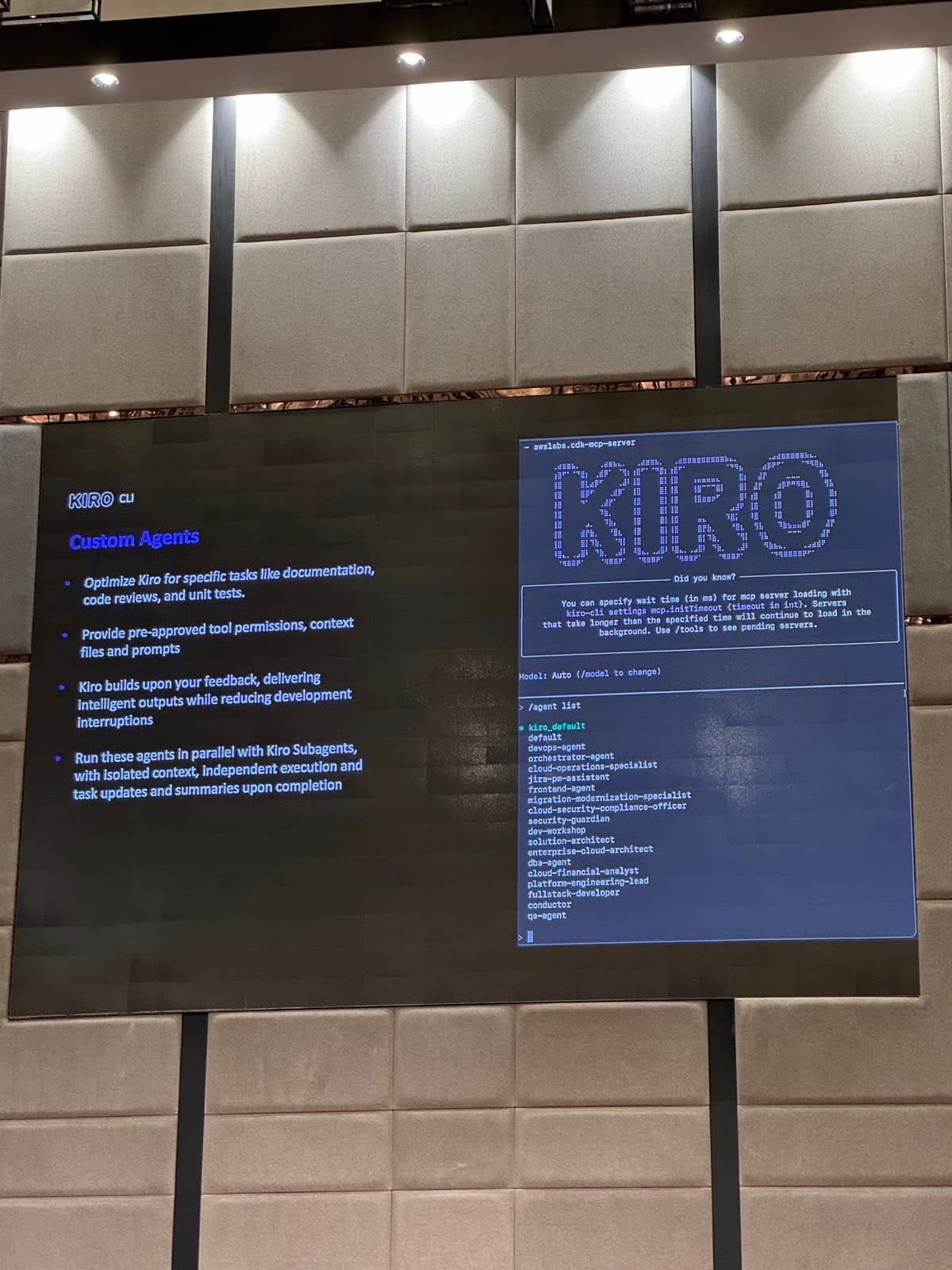 Kiro CLI slide showing custom agents and the agent list output